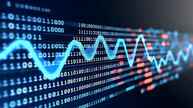 Digital display showing binary code and a blue wave pattern on a dark blue background, symbolizing data analysis and tech trends