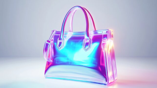 Holographic 3D icon of a handbag, neon glowing against a clean white background, capturing modern digital fashion - Powered by Adobe