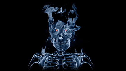 Smoke skull with glowing fire eyes isolated on black background