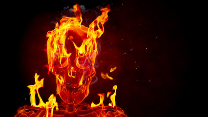 Burning skull on a black background. 3D render with real fire flames.