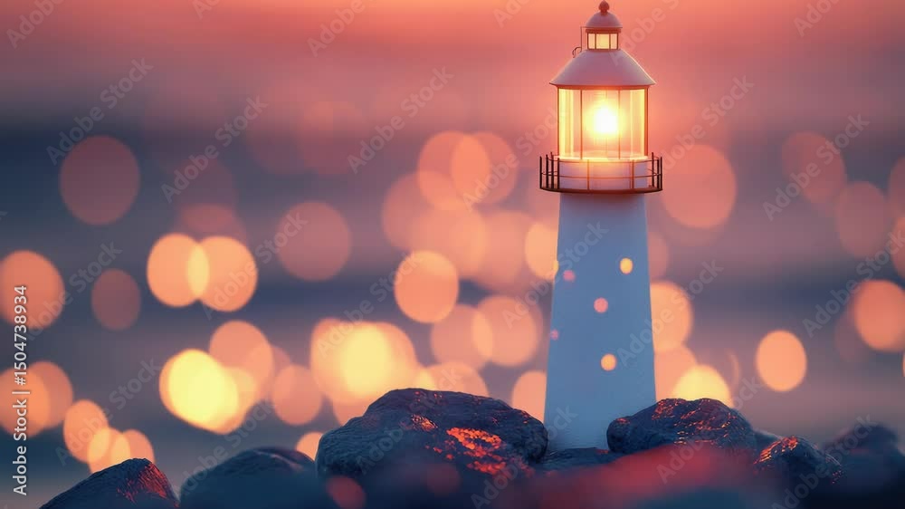 Poster a small lighthouse standing on a rocky coast, perfect for use in coastal scenes or as a symbol of gu