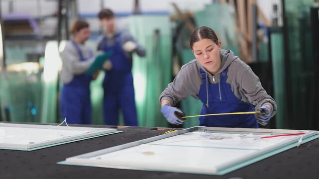 Young woman worker in uniform measuring glass sheet with tape measure on table in glass factory
