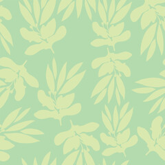 leafy branches placed on green background silhouette style hand drawn seamless pattern