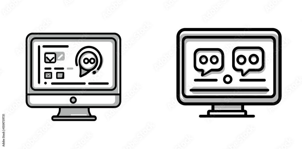 Fototapete Line icons of computer screens displaying messages and notifications with chat features isolated on a white background