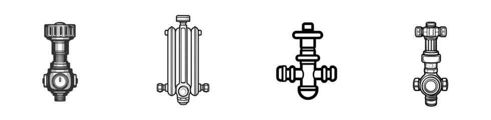 Detailed line icons of various types of valves on a plain background designed for industrial and engineering applications