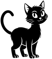 Smiling Black Cat with White Outline - Cartoon Style