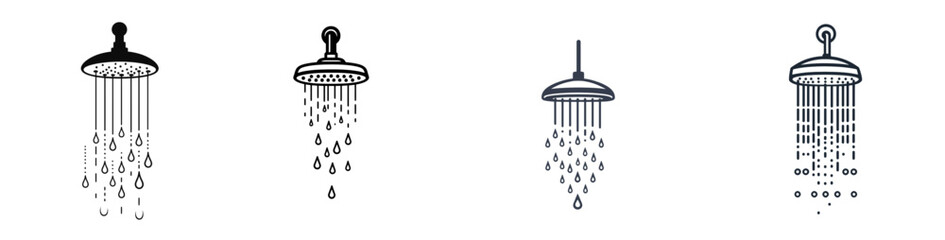 Stylized line icons representing different shower types, including traditional, rain, and handheld designs