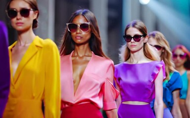 A group of women are walking down a runway wearing colorful outfits. Scene is vibrant and lively, with the bright colors of the outfits - Powered by Adobe