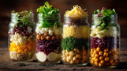 Layered Salad Ingredients in Glass Jars for Healthy Meals