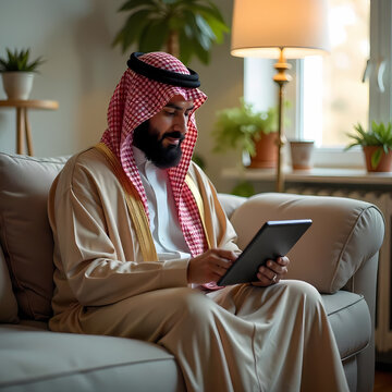 A Saudi businessman wearing elegant Gulf clothing uses a mobile phone or tablet while sitting on a sofa in an office room, Arab businessman