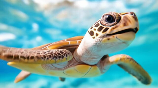 Graceful sea turtle swimming in crystal clear ocean water offers an underwater perspective showcasing its face and flippers perfect for conservation nature or marine life projects