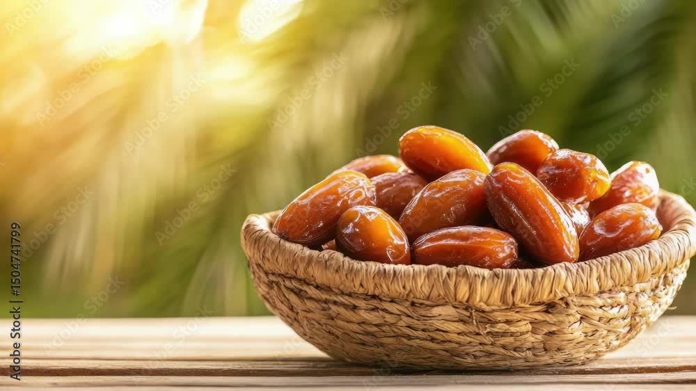 Poster a basket filled with fresh dates on a wooden table, ideal for events or everyday use