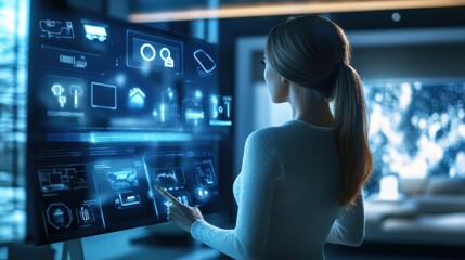 Woman interacts with futuristic holographic interface, analyzing data on a large screen