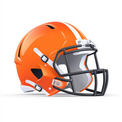 Fototapeta premium Bright orange American football helmet with a black faceguard and white detailing, isolated on a white background.