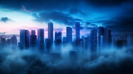 Fototapeta premium City Skyline Silhouettes Emerging From Dense Fog at Dawn