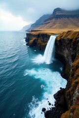 Sorvagsvatn lake dramatically cascades into the ocean , remote, serene, clouds