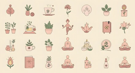 A collection of calming wellness and lifestyle icons in pastel flat design. Includes icons of yoga poses, herbal tea, plants, journals, candles, meditation, and self-care symbols.