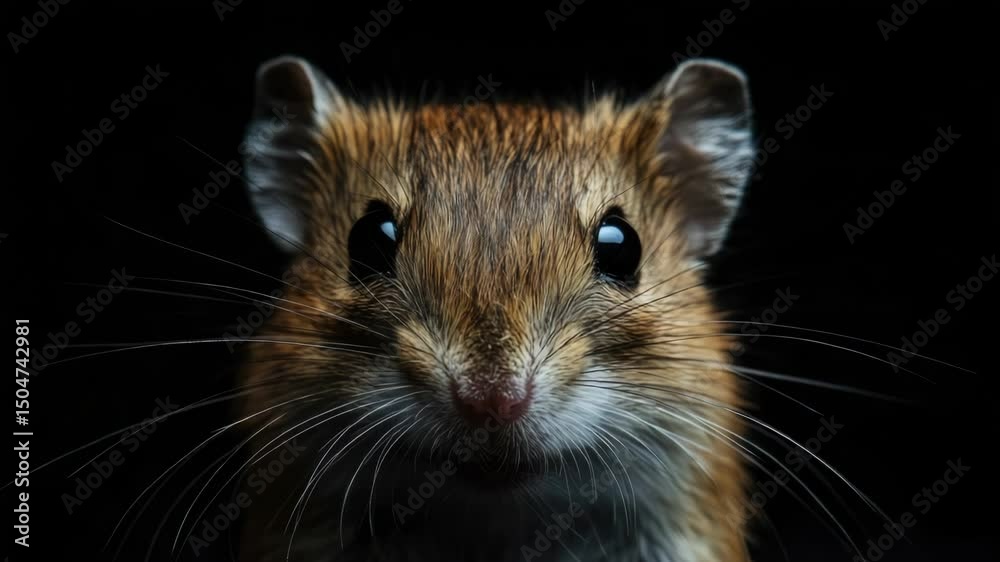 Poster a detailed view of a mouse's face on a dark background