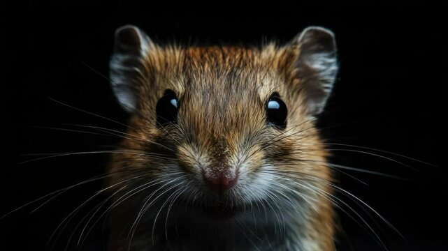 A detailed view of a mouse's face on a dark background