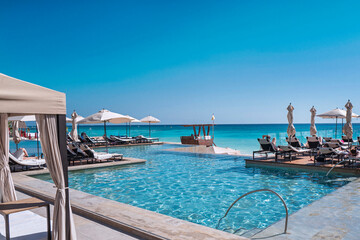 Scuba Beach in Playa del Carmen.  This a city located along the Caribbean Sea; a popular tourist area due to its geographical location in the Riviera Maya. Mexico. 2020