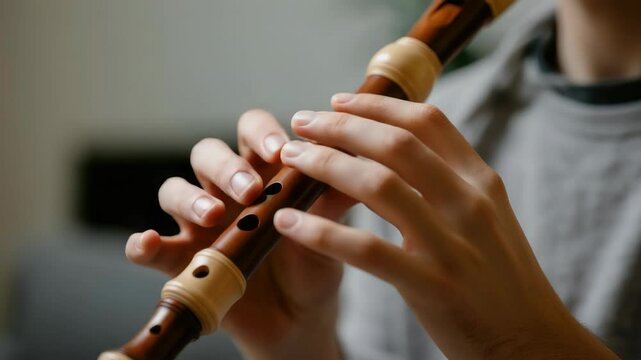 Person playing wooden recorder instrument indoors