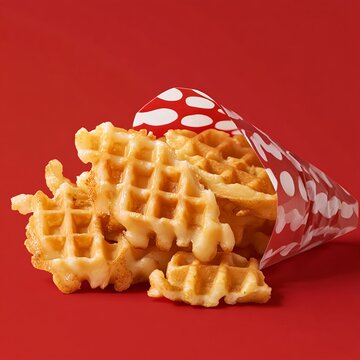 A few chik fil a waffle fries wrapped in chik fil a wrappers with a solid red background.