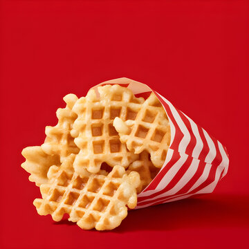 A few chik fil a waffle fries wrapped in chik fil a wrappers with a solid red background.