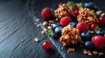 Homemade Granola Clusters with Berries on Slate Board