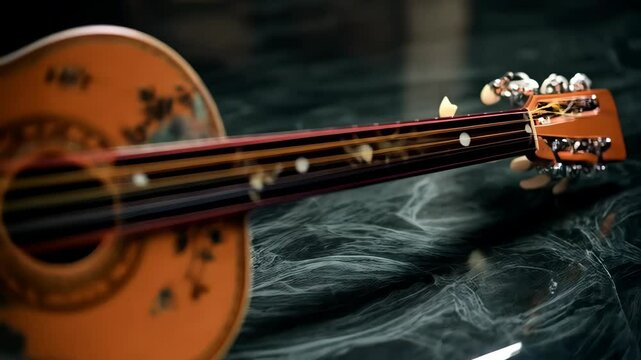 Close-up of a beautifully decorated stringed instrument featuring delicate floral designs on a dark marble surface, studio shot