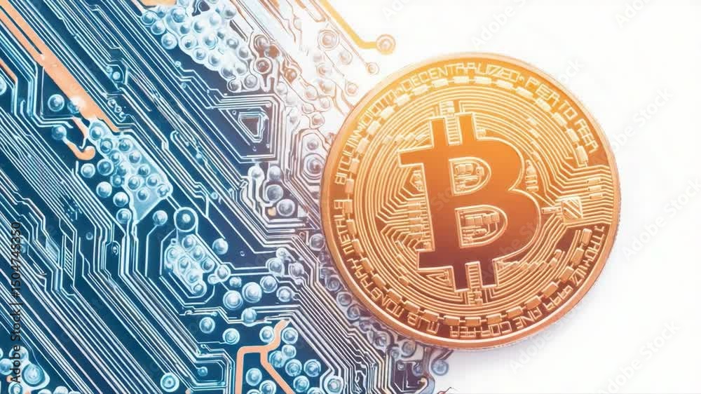 Poster cryptocurrency bitcoin symbol on circuit board background with digital patterns and technology eleme