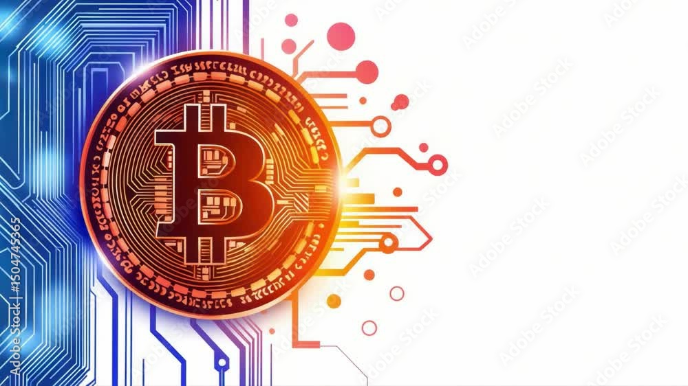 Poster abstract digital illustration of bitcoin symbol with circuit patterns and glowing elements on a colo