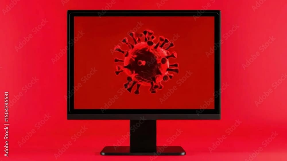 Poster red background displaying virus graphic on computer screen with bold color contrast and modern desig