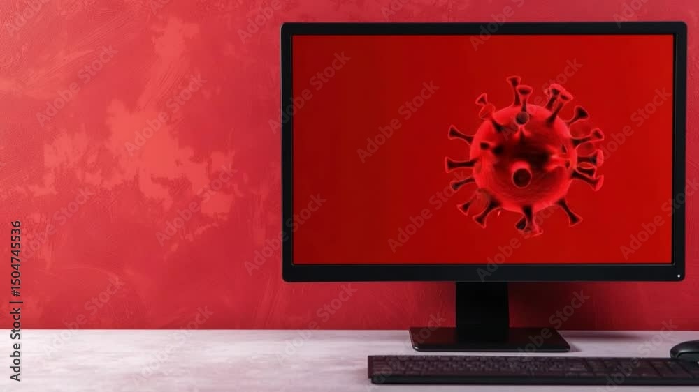 Poster red virus model displayed on computer monitor with abstract background in a modern office setting