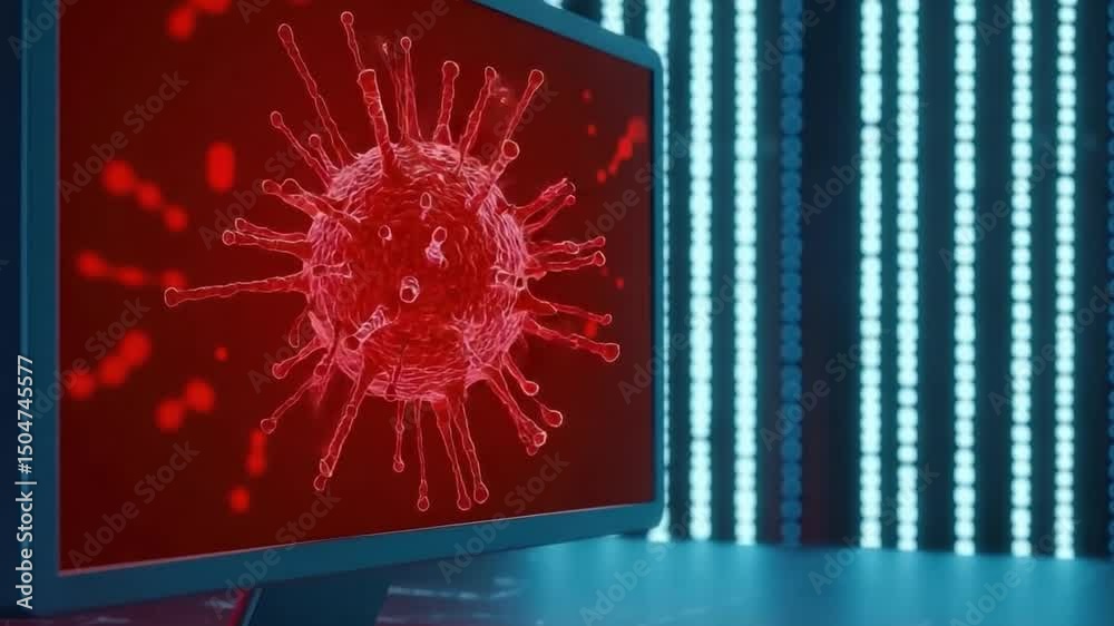 Poster computer screen displaying 3d render of virus with red color on digital background in a modern envir