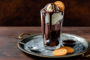 Traditional milkshake made with chocolate and vanilla ice cream, served in a glass with chocolate sauce and ice cream wafers on a stylish tray