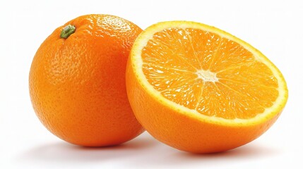 Juicy Orange Fruit Whole with Cut Wedge Beside on White Background