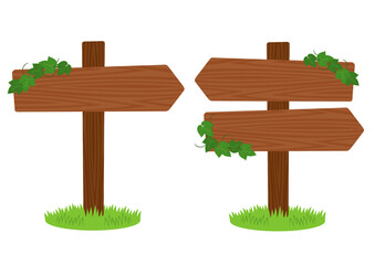 葉が巻き付いているヴィンテージの木製の矢印の看板と草のイラストのセット
