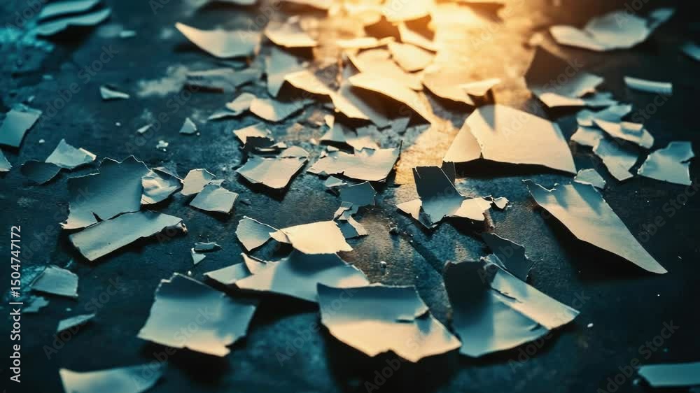 Poster a collection of torn and crumpled papers scattered across a wooden table