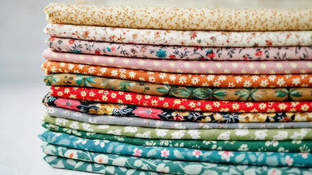 Colorful stack of floral-patterned fabrics arranged neatly on white surface