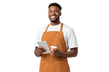 Friendly African American waiter smiles holding a tablet and coffee to go He is wearing a brown apron and white shirt The background is black and ideal for adding text and graphics