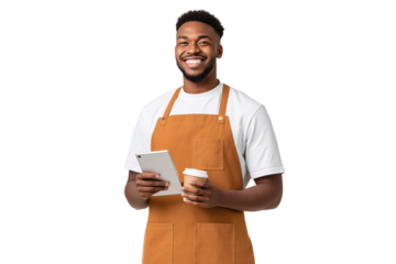 Friendly African American waiter smiles holding a tablet and coffee to go He is wearing a brown apron and white shirt The background is black and ideal for adding text and graphics