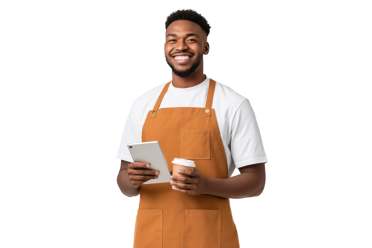 Friendly African American waiter smiles holding a tablet and coffee to go He is wearing a brown apron and white shirt The background is black and ideal for adding text and graphics - Powered by Adobe