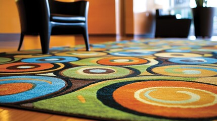 Colorful circular pattern rug on hardwood floor.