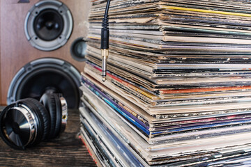 Stack of Records and Headphones. Close-up.