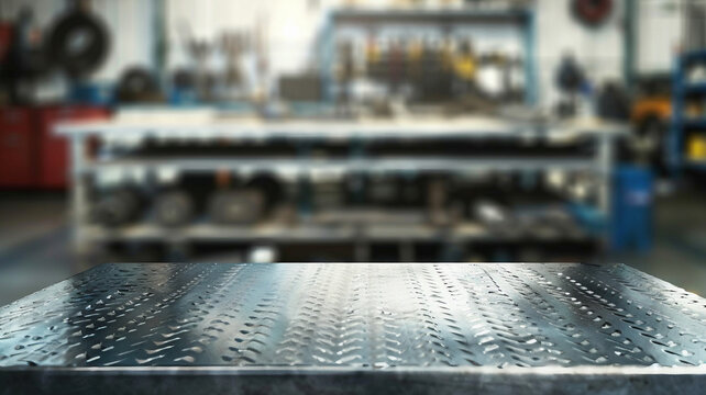 Metal workshop plate tabletop garage with a lot of automotive parts and tools. mechanic workbench countertop table. Farewell work workroom. Realistic background. Garage full of stuff workbench 