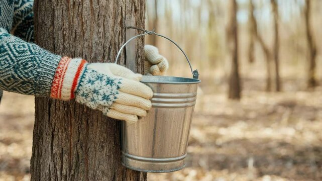 Person collecting maple sap in forest during spring