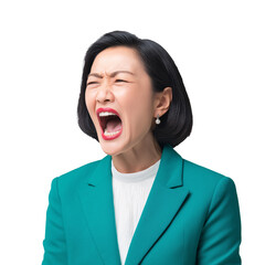 Asian woman screaming intensely with a wide open mouth wearing a green business jacket displays frustration and anger against a dark background showing high emotion and stress