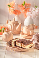Delicious sponge cake made of cream, chocolate and biscuits.