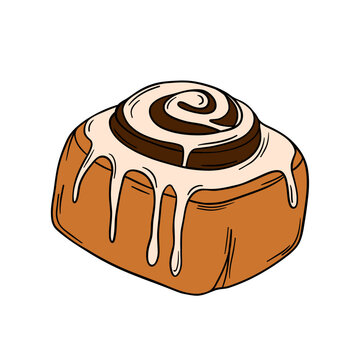 cinnamon roll with icing, brown, white clip art preview