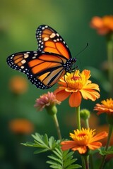 Fototapeta premium Monarch butterflies nectaring on wildflowers, wings spread, fragile, insect, wildlife